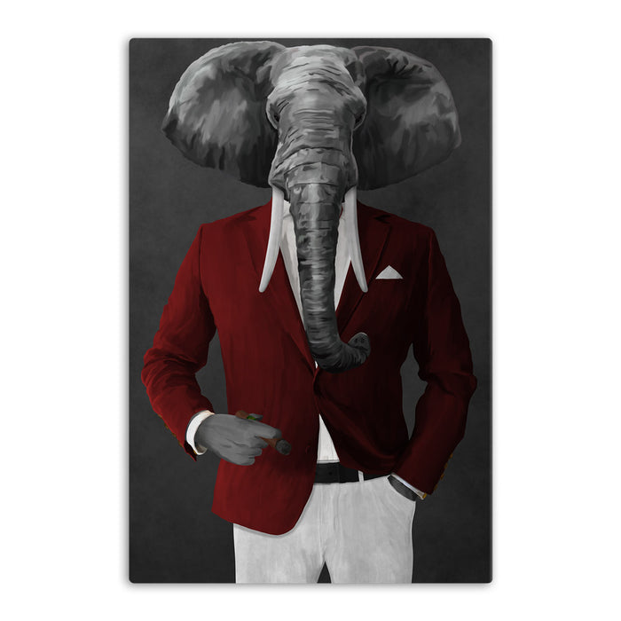 Elephant smoking cigar wearing red and white suit canvas wall art