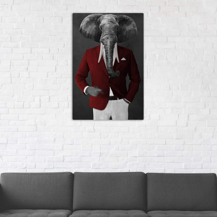 Elephant smoking cigar wearing red and white suit wall art in man cave
