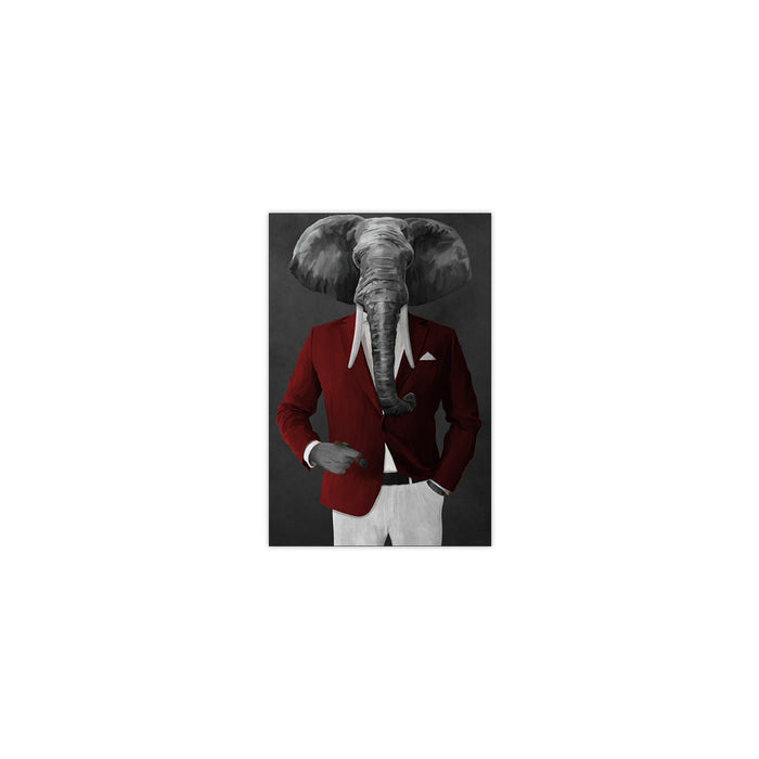 Elephant smoking cigar wearing red and white suit small wall art print