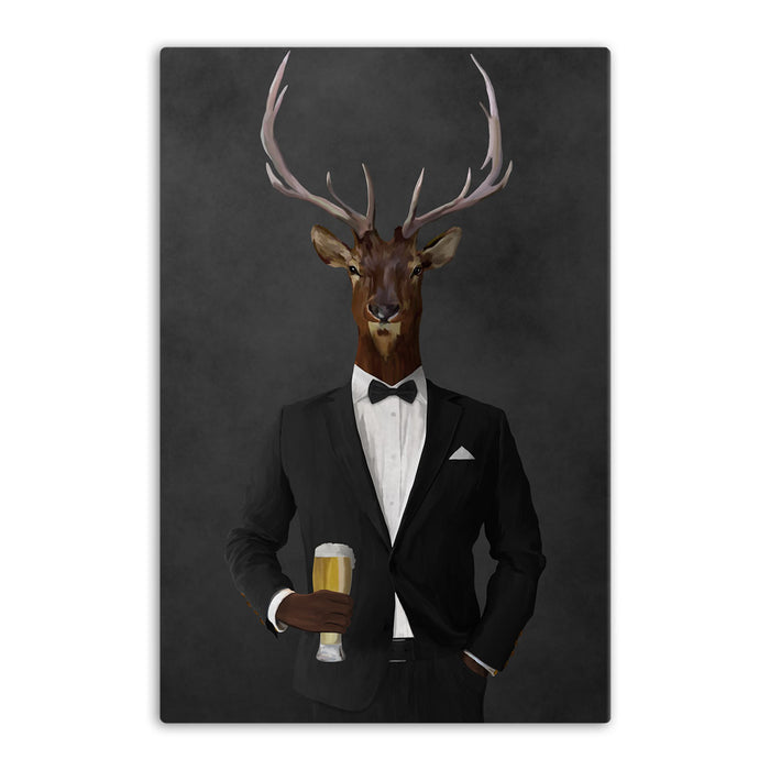 Elk drinking beer wearing black suit canvas wall art