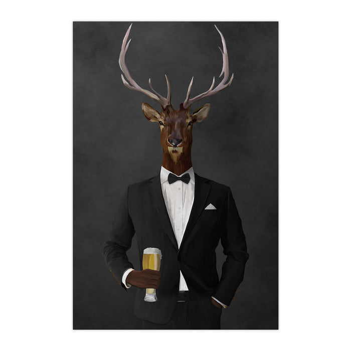 Elk drinking beer wearing black suit large wall art print