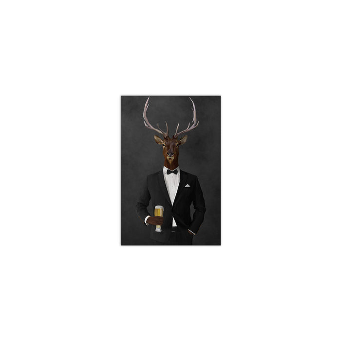 Elk drinking beer wearing black suit small wall art print