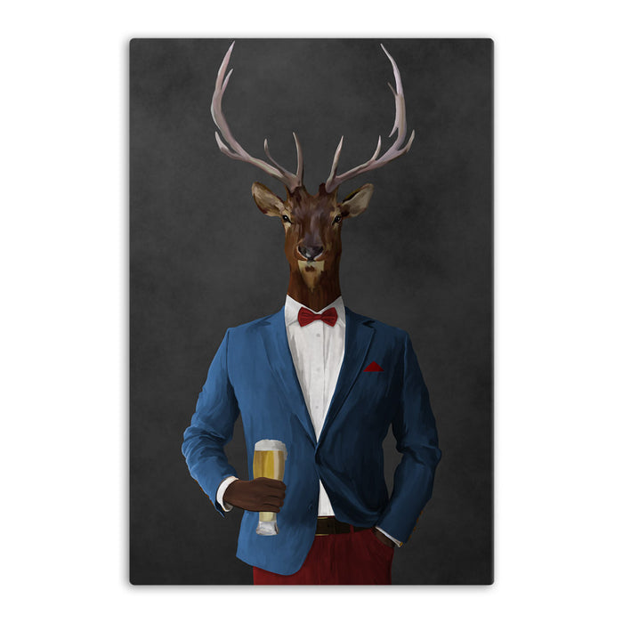 Elk drinking beer wearing blue and red suit canvas wall art