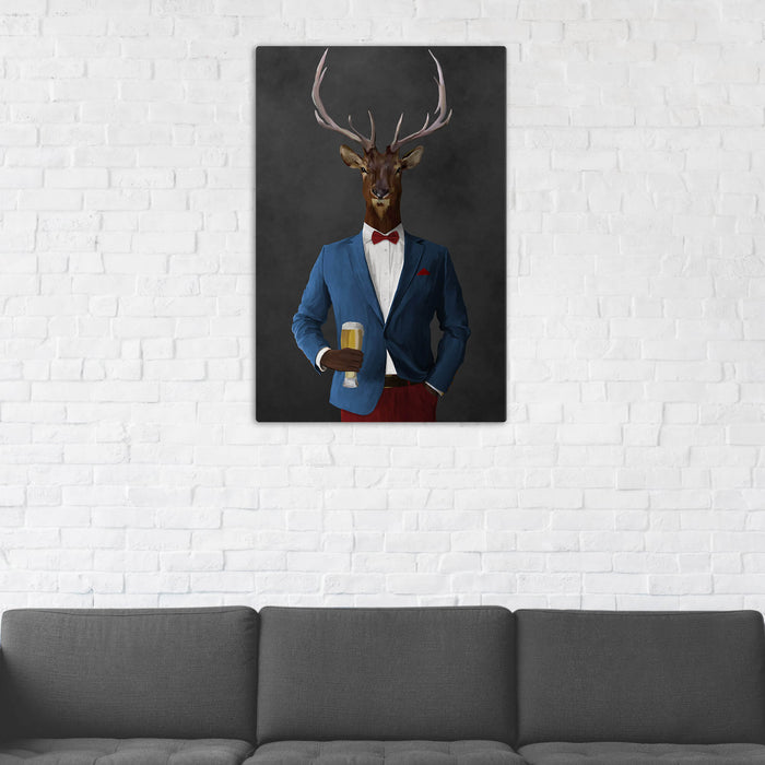 Elk Drinking Beer Wall Art - Blue and Red Suit