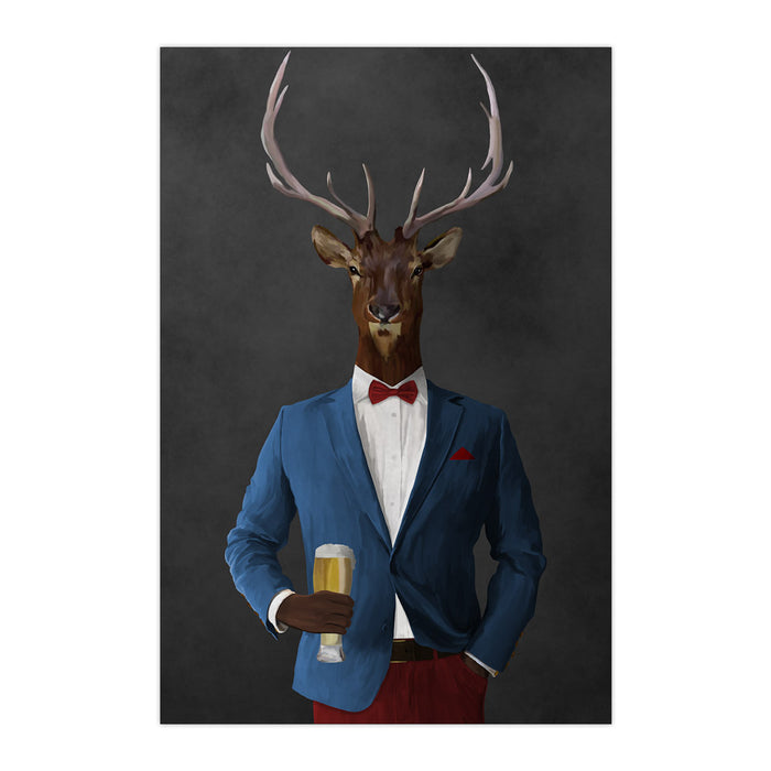 Elk drinking beer wearing blue and red suit large wall art print