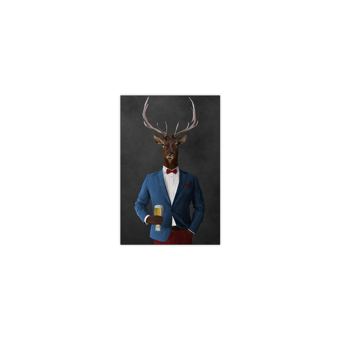 Elk drinking beer wearing blue and red suit small wall art print