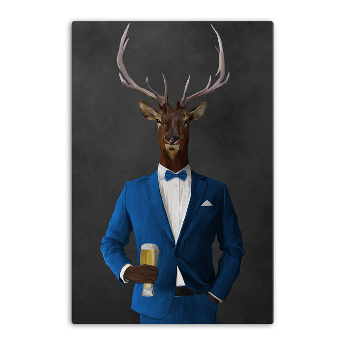 Elk drinking beer wearing blue suit canvas wall art