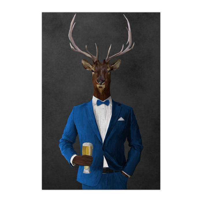 Elk drinking beer wearing blue suit large wall art print