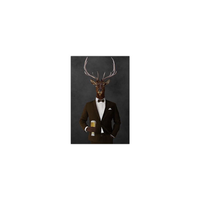 Elk drinking beer wearing brown suit small wall art print