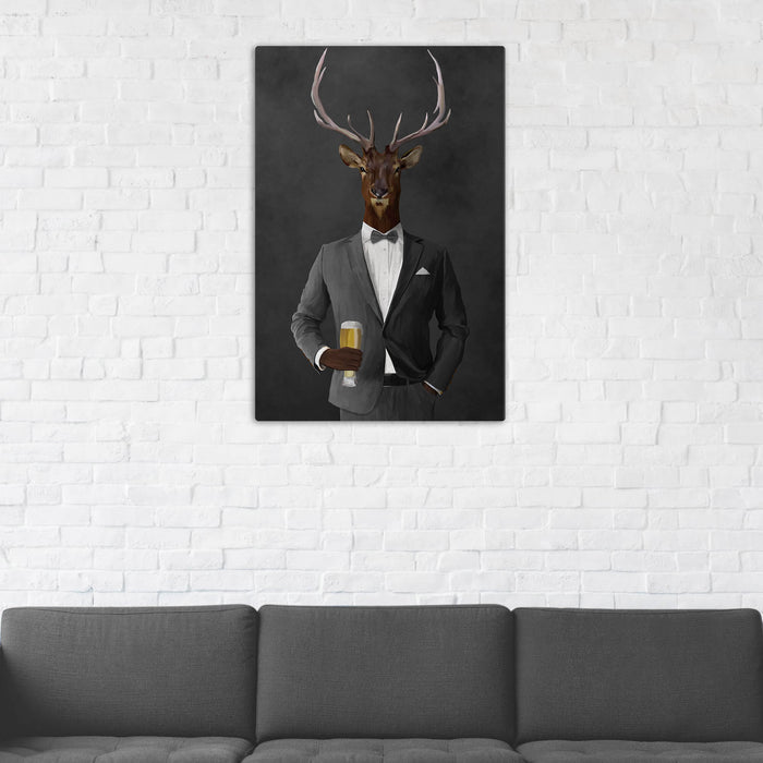 Elk Drinking Beer Wall Art - Gray Suit