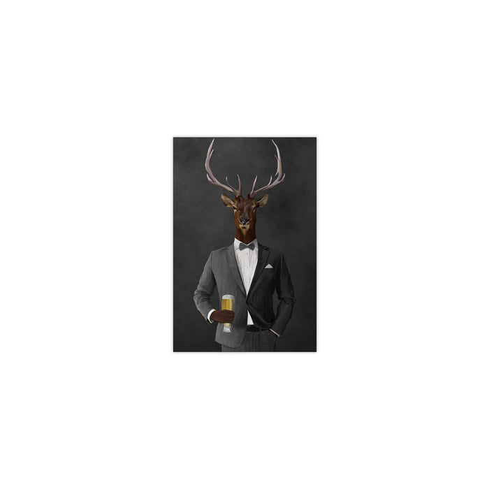 Elk drinking beer wearing gray suit small wall art print