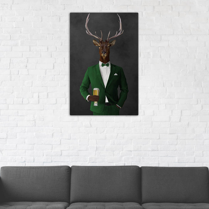 Elk Drinking Beer Wall Art - Green Suit