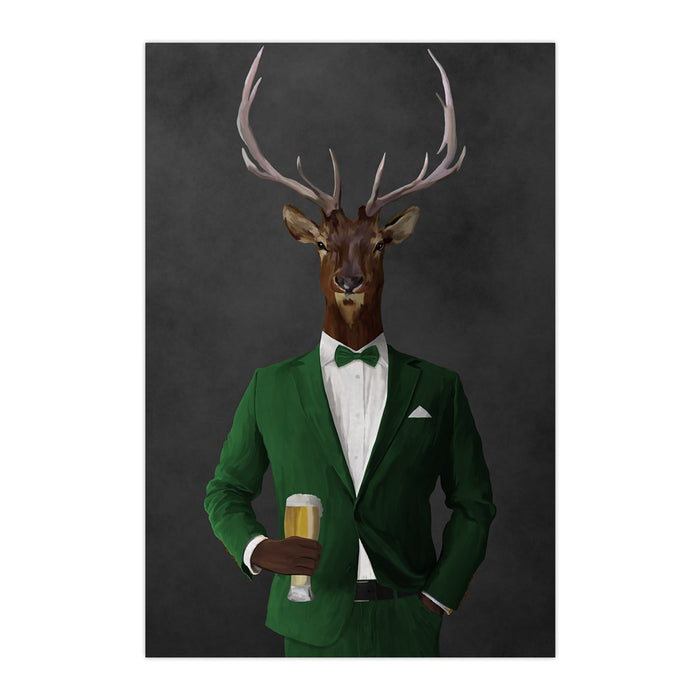 Elk drinking beer wearing green suit large wall art print