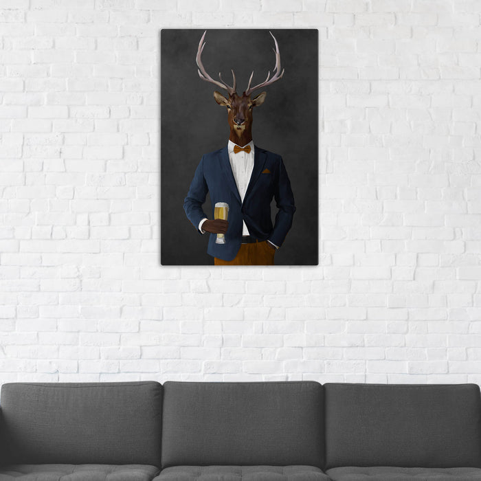 Elk Drinking Beer Wall Art - Navy and Orange Suit