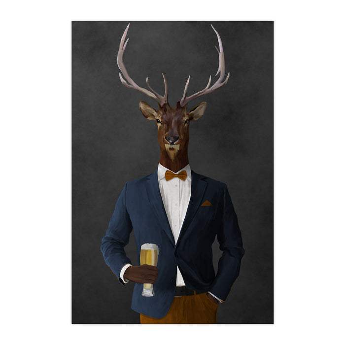 Elk drinking beer wearing navy and orange suit large wall art print