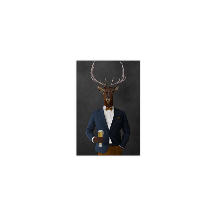 Elk drinking beer wearing navy and orange suit small wall art print