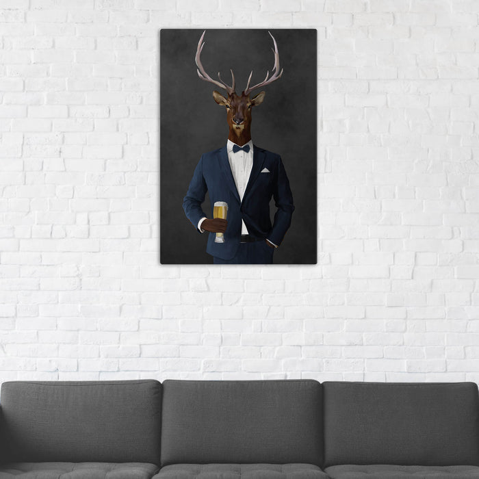 Elk Drinking Beer Wall Art - Navy Suit