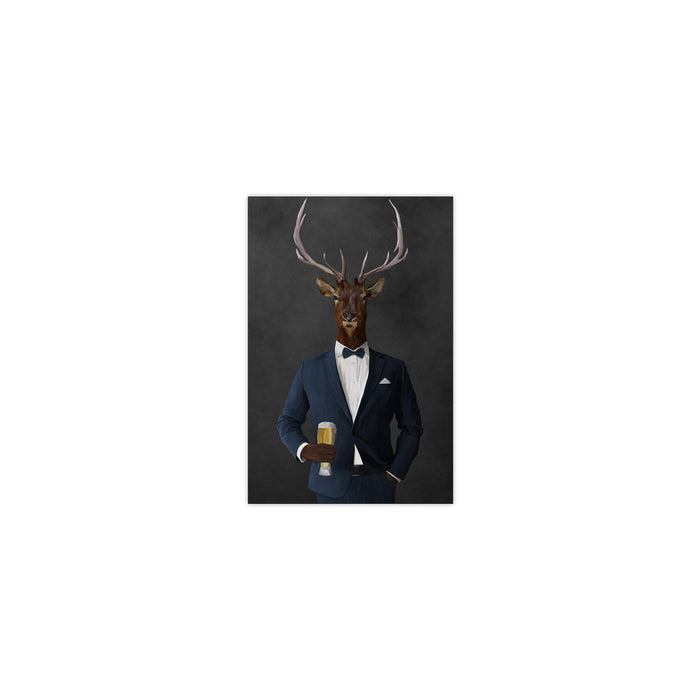 Elk drinking beer wearing navy suit small wall art print