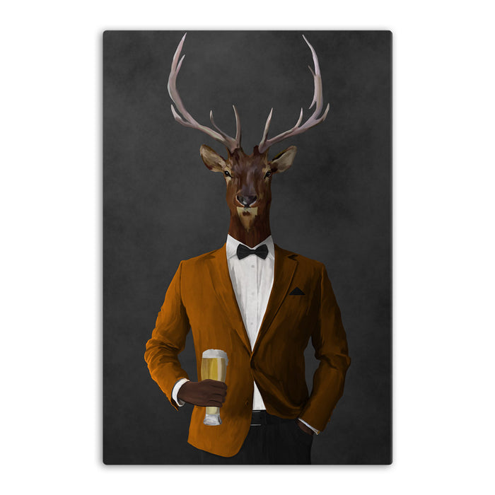 Elk drinking beer wearing orange and black suit canvas wall art