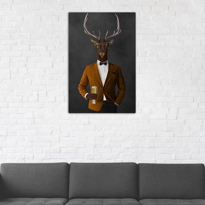 Elk Drinking Beer Wall Art - Orange and Black Suit