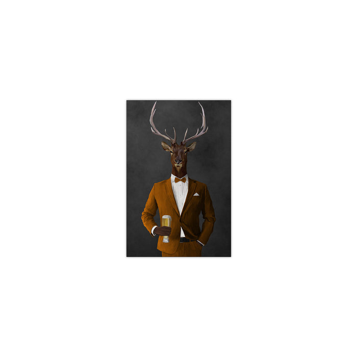 Elk drinking beer wearing orange suit small wall art print