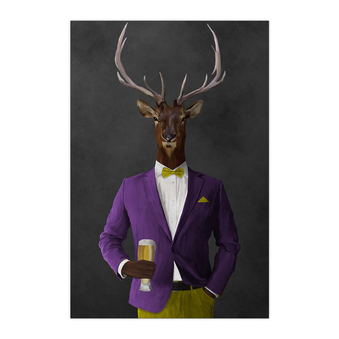 Elk drinking beer wearing purple and yellow suit large wall art print