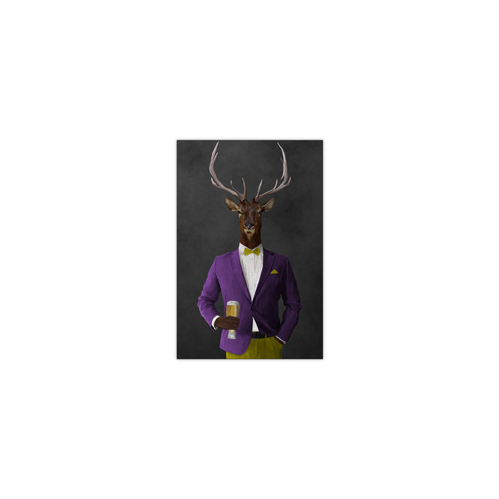 Elk drinking beer wearing purple and yellow suit small wall art print