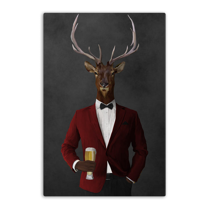 Elk drinking beer wearing red and black suit canvas wall art