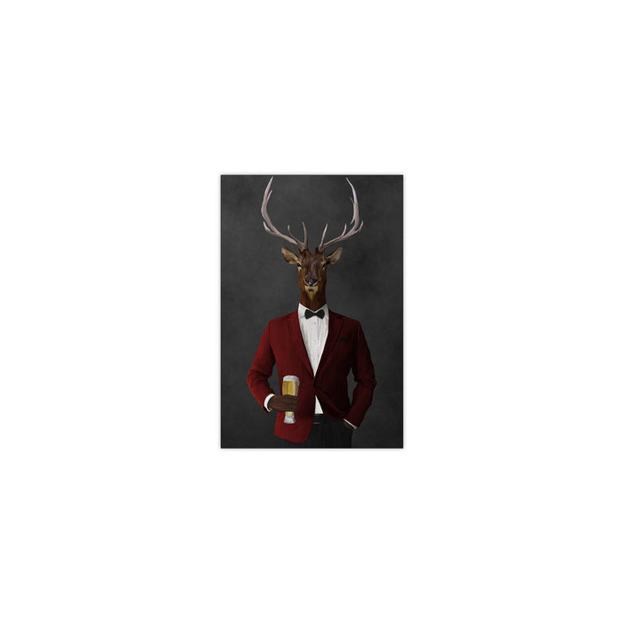 Elk drinking beer wearing red and black suit small wall art print