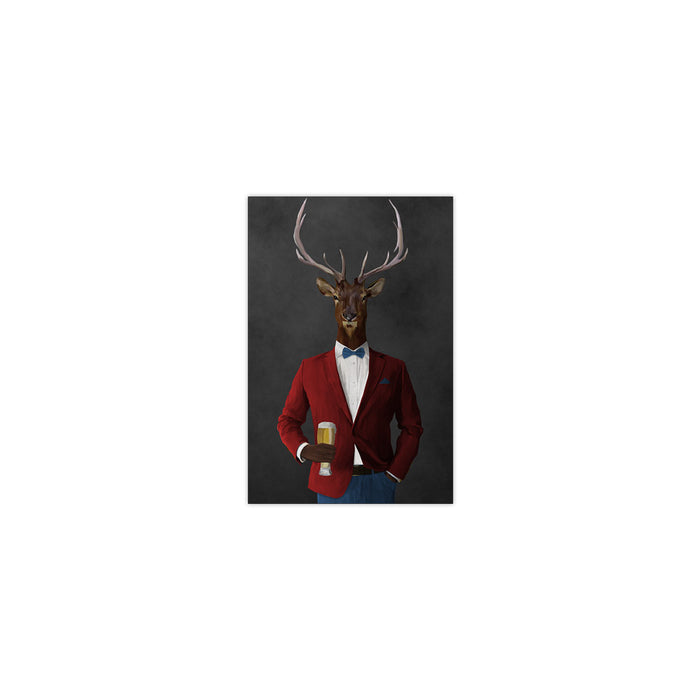 Elk drinking beer wearing red and blue suit small wall art print