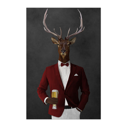 Elk drinking beer wearing red and white suit large wall art print
