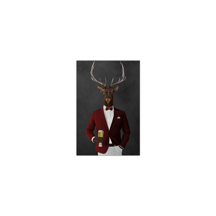 Elk drinking beer wearing red and white suit small wall art print