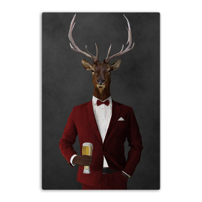 Elk drinking beer wearing red suit canvas wall art