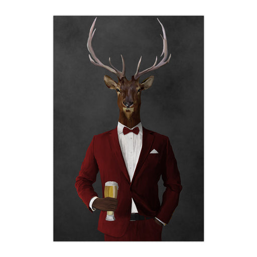 Elk drinking beer wearing red suit large wall art print