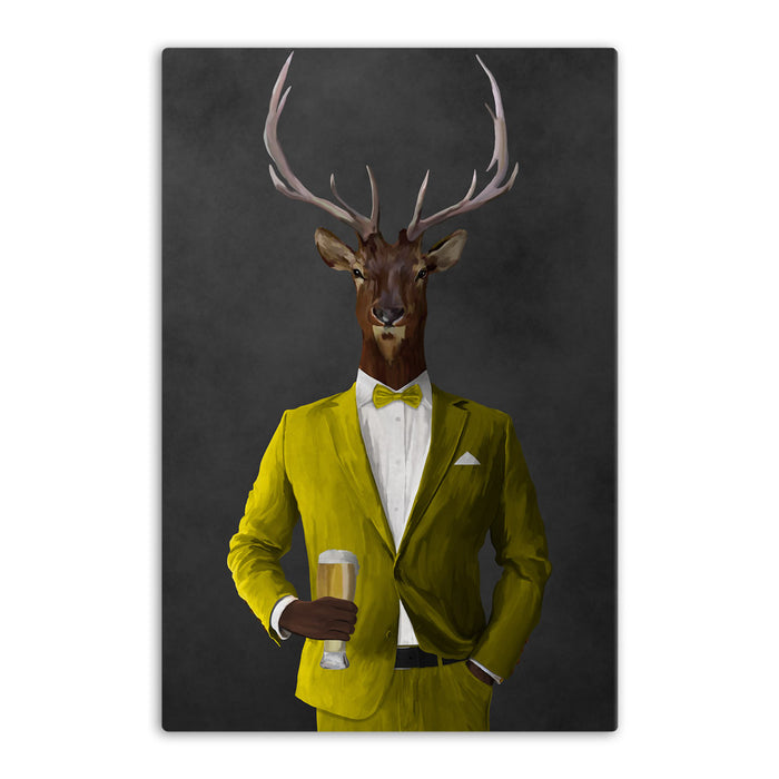 Elk drinking beer wearing yellow suit canvas wall art