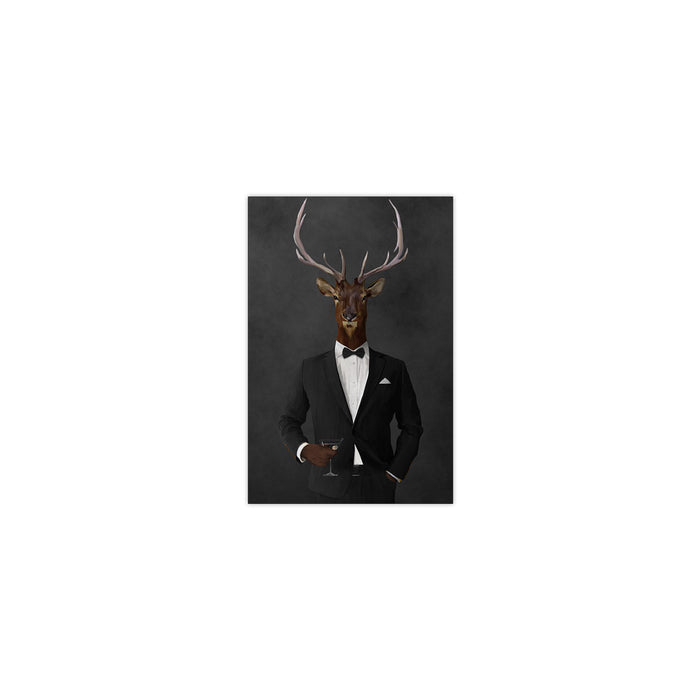 Elk drinking martini wearing black suit small wall art print