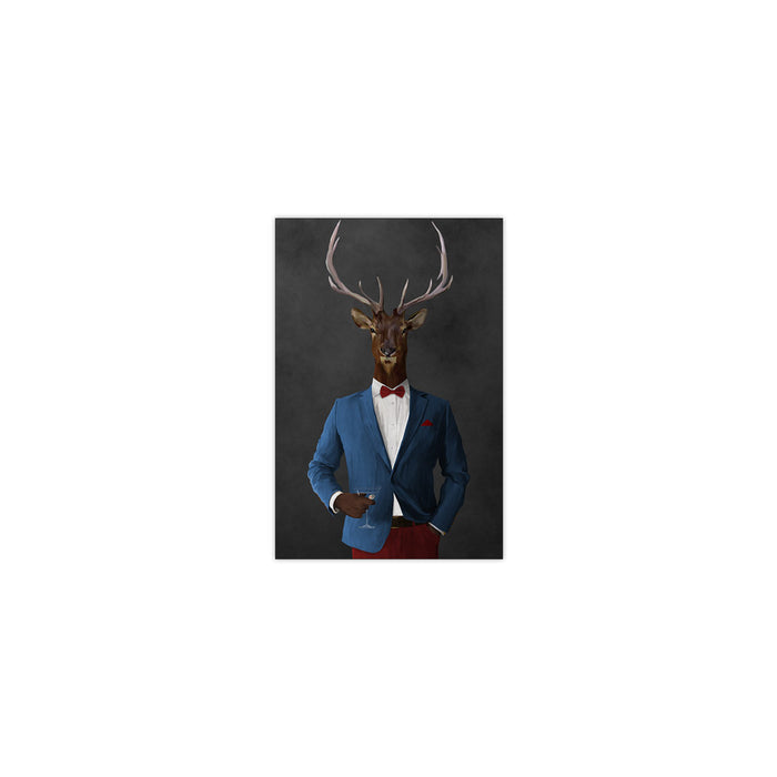 Elk drinking martini wearing blue and red suit small wall art print