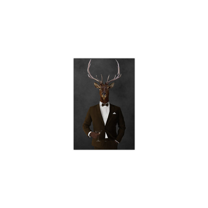Elk drinking martini wearing brown suit small wall art print