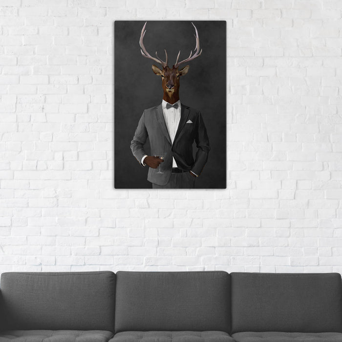 Elk Drinking Martini Wall Art - Gray Suit
