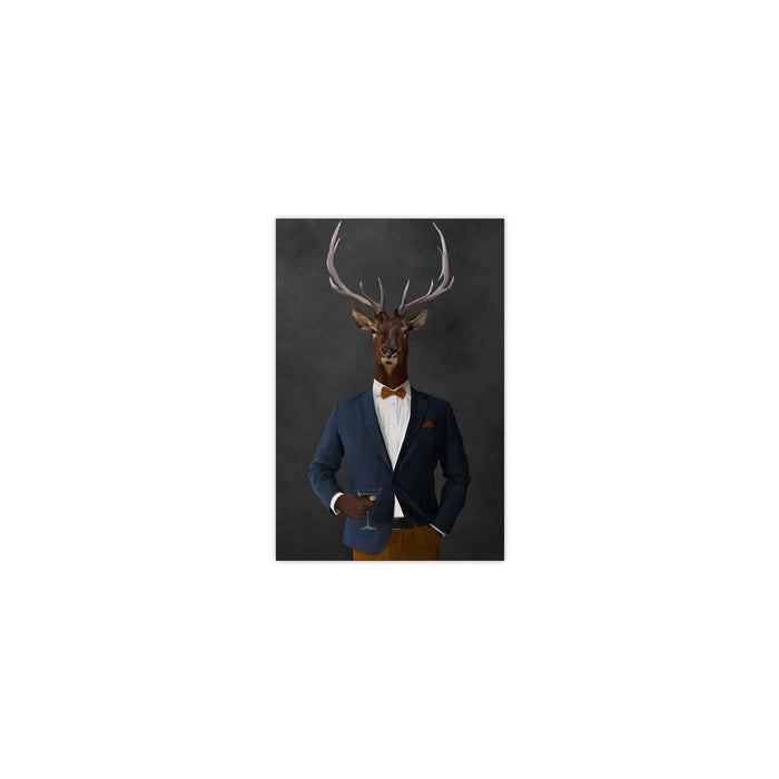 Elk drinking martini wearing navy and orange suit small wall art print