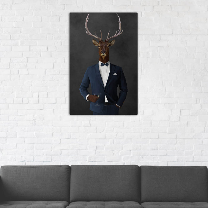 Elk Drinking Martini Wall Art - Navy Suit