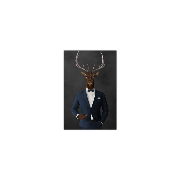 Elk drinking martini wearing navy suit small wall art print