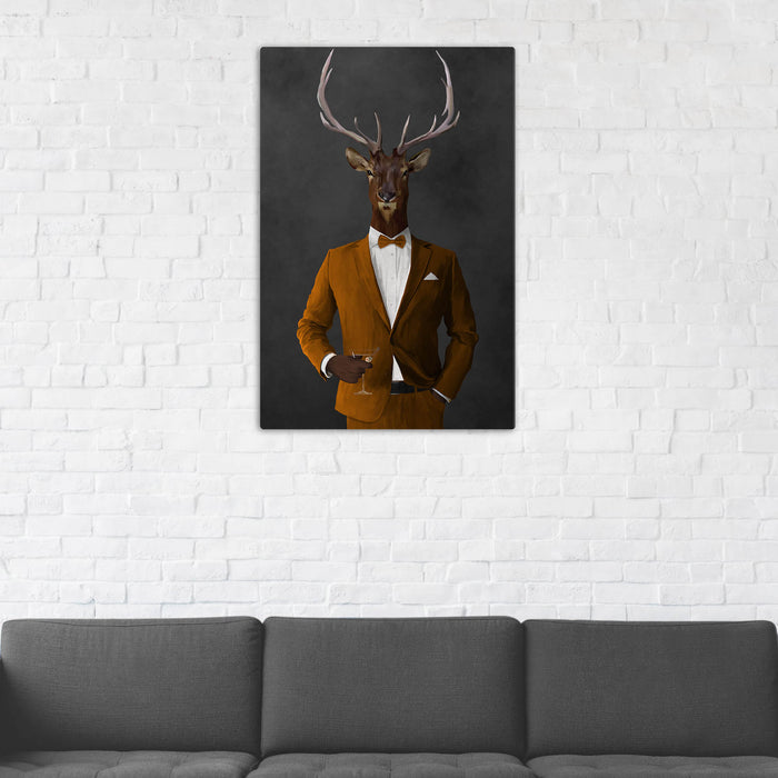 Elk Drinking Martini Wall Art - Orange Suit