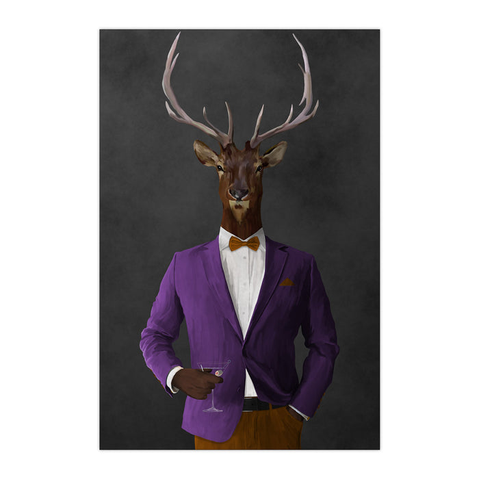 Elk drinking martini wearing purple and orange suit large wall art print