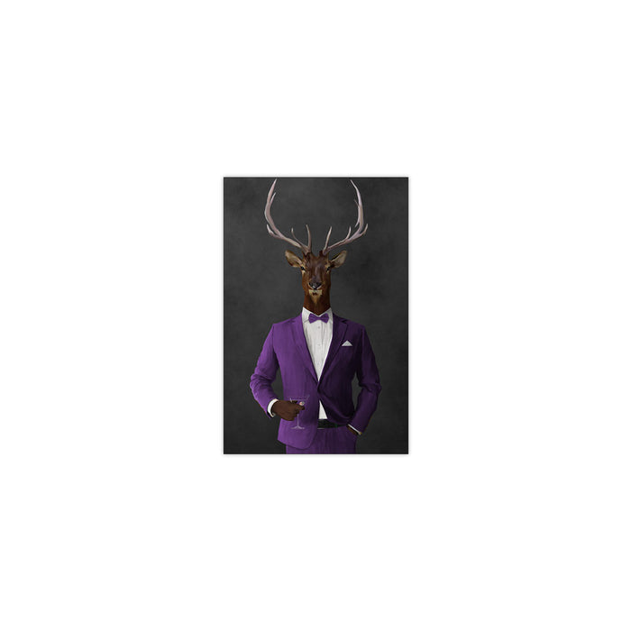 Elk drinking martini wearing purple suit small wall art print
