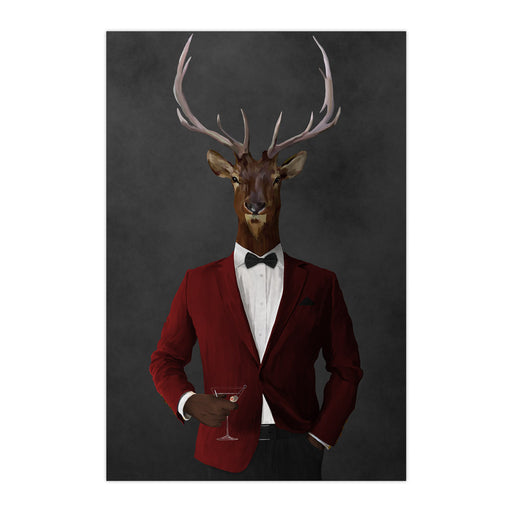 Elk drinking martini wearing red and black suit large wall art print