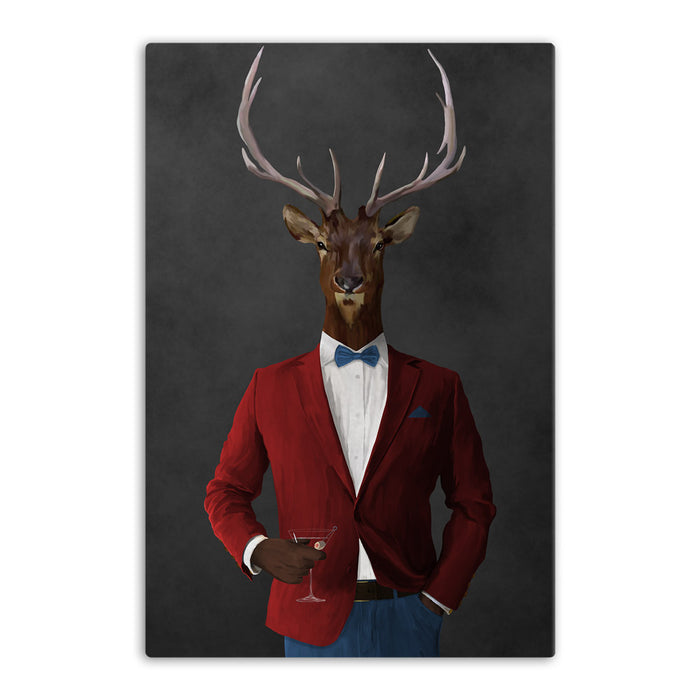 Elk drinking martini wearing red and blue suit canvas wall art