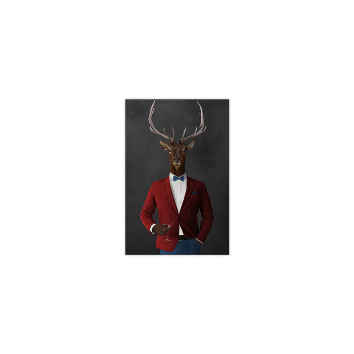 Elk drinking martini wearing red and blue suit small wall art print