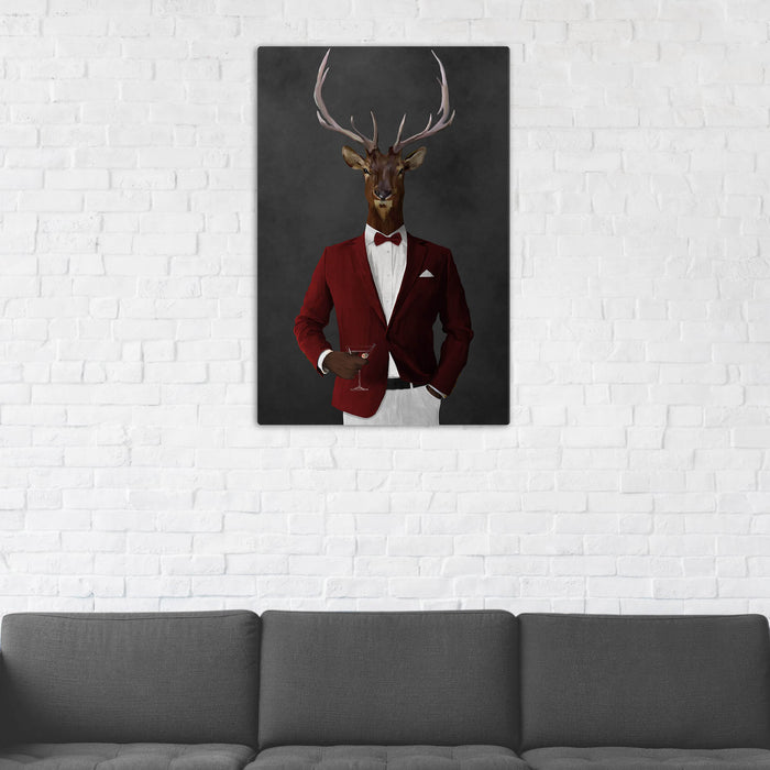 Elk Drinking Martini Wall Art - Red and White Suit