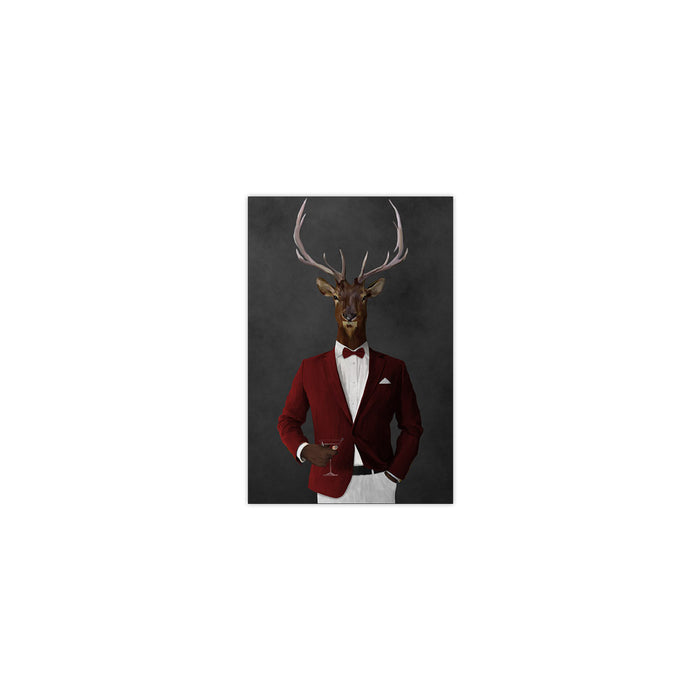 Elk drinking martini wearing red and white suit small wall art print